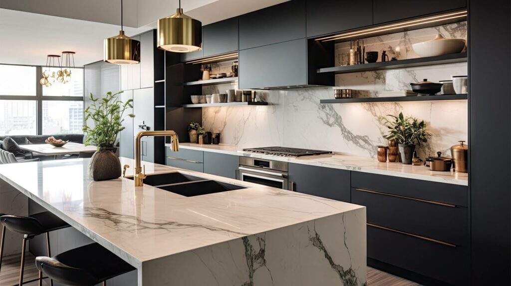 modern kitchen with white quartz countertops dark blue cabinets gold fixtures and pendant lighting open concept design