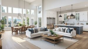 open concept living room and kitchen with light hardwood flooring large windows and modern white furnishings