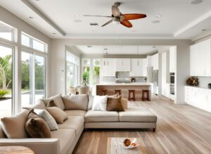 light hardwood floors in spacious open concept home with sectional sofa white kitchen and abundant natural light