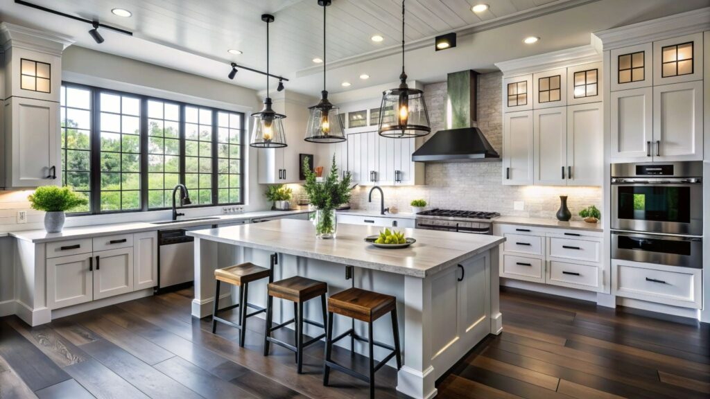 modern kitchen with dark hardwood flooring white cabinets large island pendant lighting and open concept design