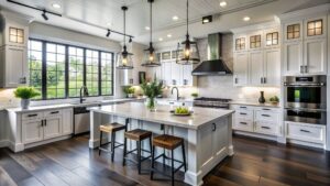 modern kitchen with dark hardwood flooring white cabinets large island pendant lighting and open concept design