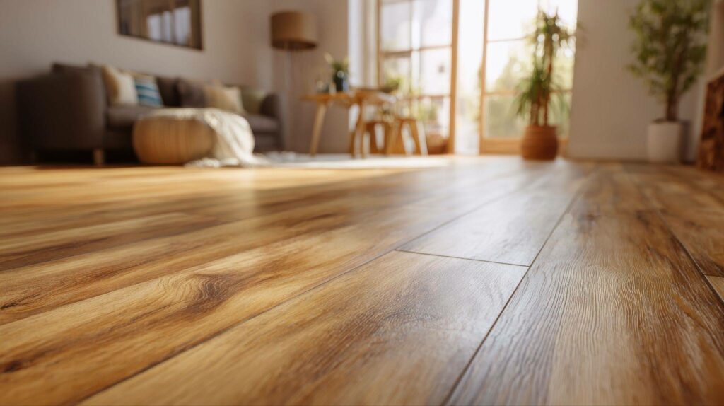 close up of luxury vinyl plank flooring with realistic wood grain texture in sunlit living room