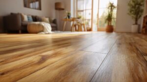 close up of luxury vinyl plank flooring with realistic wood grain texture in sunlit living room