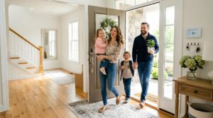 family entering home with durable hardwood flooring in bright entryway designed for everyday living