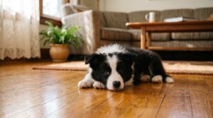 border collie puppy resting on hardwood flooring in cozy living room showcasing pet friendly floor surfaces